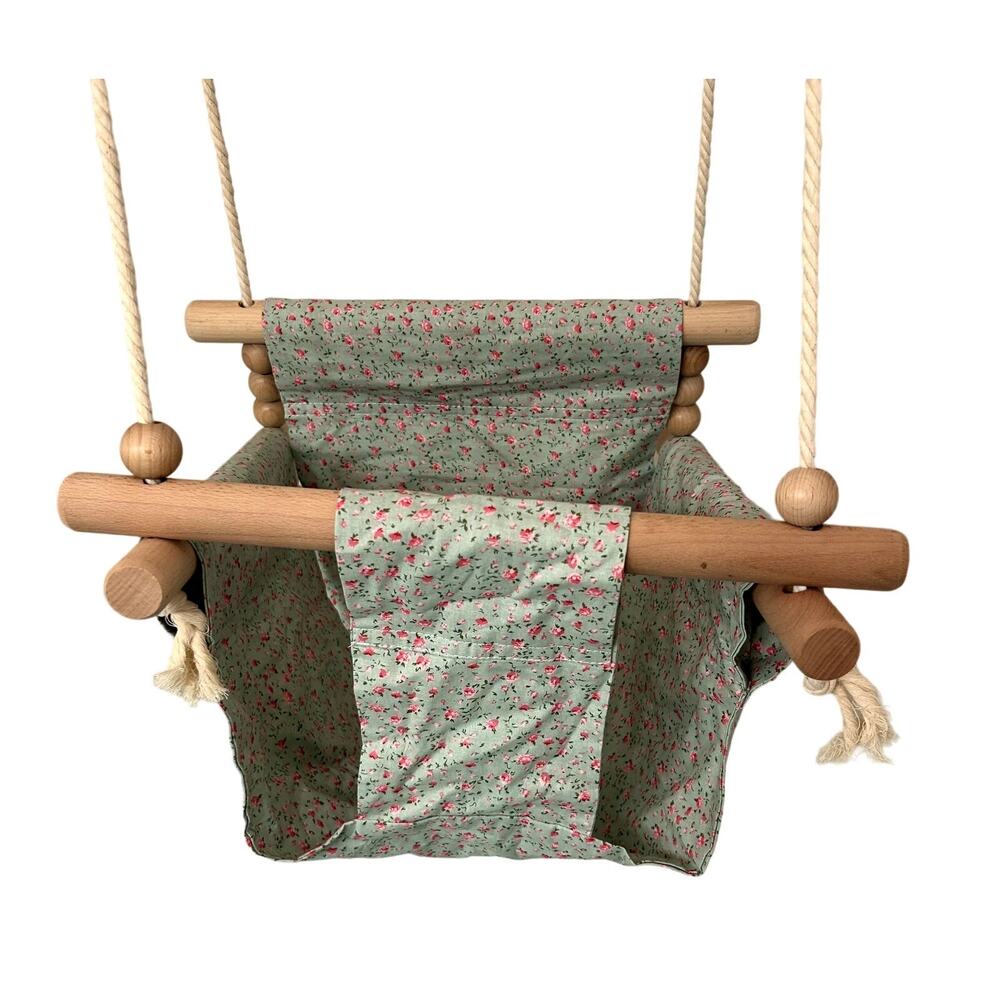 Girls Wooden Indoor/Outdoor Swing Green with Pink Floral